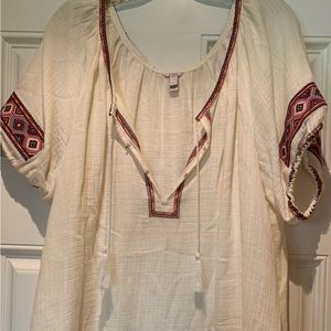 JCrew, women's cream tunic with embroidered sleeves and neckline size large